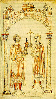 Henri IV de Franconie à gauche remet les régalia à Henri V de Franconie - Chronique de Ekkehard von Aura-, après 1106